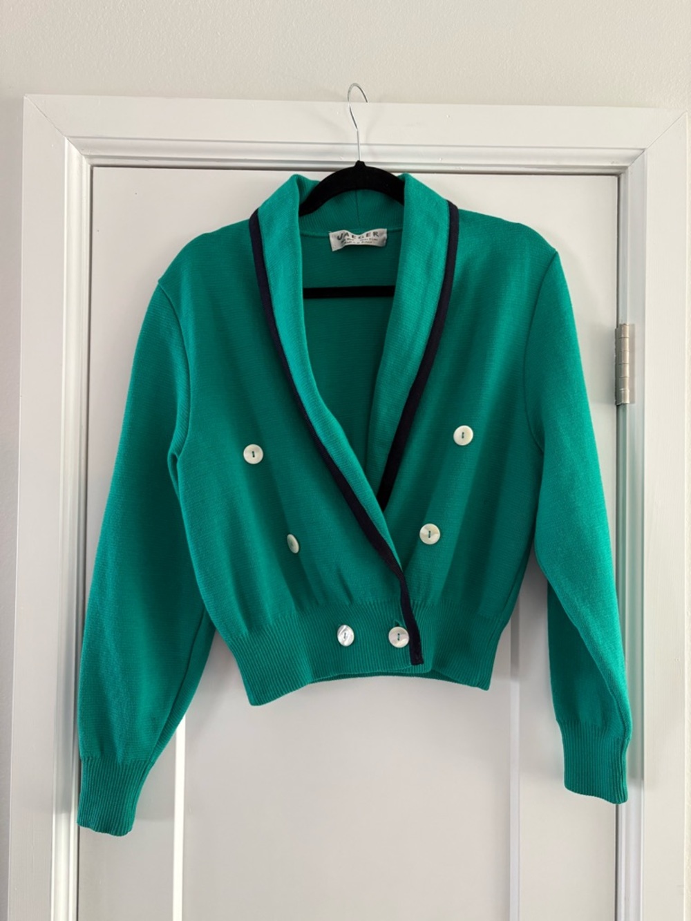 Vintage Jaeger 100% Wool Teal Double-Breasted Cropped Cardigan with‎ Navy Trim